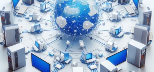 Eine zentrale digitale Erdkugel umgeben von einem Netzwerk aus Computern und Bildschirmen, symbolisierend die globale Vernetzung und digitale Kommunikation.