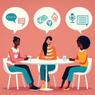 Drei Personen, die an einem Tisch sitzen und unterschiedliche Sprachen sprechen. Sprache verbindet.