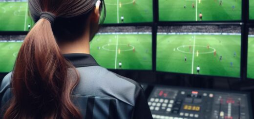 Der VAR überwacht die Spielereignisse in Echtzeit durch moderne Video-Technologie. Er kann bei vier spezifischen Entscheidungen eingreifen. Eine Person sitzt von Monitoren und sieht das Spiel auf verschiedenen Monitoren.