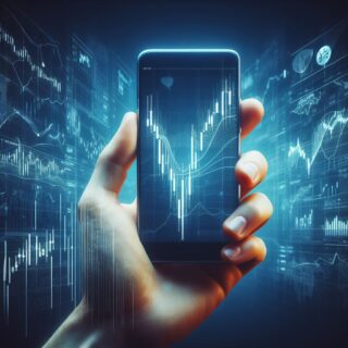 Handy in der Hand. auf dem Display ein aktien-chart mit Symbolen. Im Hintergrund ein großer Chart. Das ganze soll Neobroker symobolisieren.