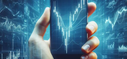 Handy in der Hand. auf dem Display ein aktien-chart mit Symbolen. Im Hintergrund ein großer Chart. Das ganze soll Neobroker symobolisieren.