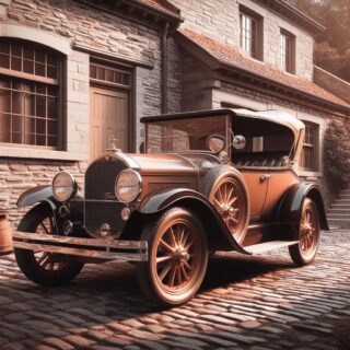 Fotorealistisches Bild eines historischen Automobils. Die Farbgebung ist sepia. das Auto fäht auf einer Straße in einer alten englischen Stadt.