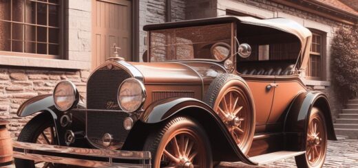 Fotorealistisches Bild eines historischen Automobils. Die Farbgebung ist sepia. das Auto fäht auf einer Straße in einer alten englischen Stadt.
