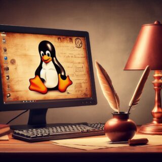 in Monitor mit dem Linux - Pinguin darauf. Vor dem Monitor eine Tastatur. Im Vorderung ein altes Blatt Papier, ein Tintenfass und eine Schreibfeder. Der Ton des Bildes ist einem alten Foto angelehnt.