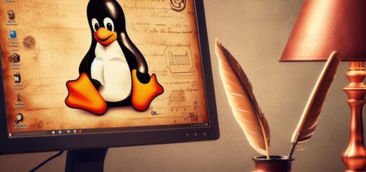 in Monitor mit dem Linux - Pinguin darauf. Vor dem Monitor eine Tastatur. Im Vorderung ein altes Blatt Papier, ein Tintenfass und eine Schreibfeder. Der Ton des Bildes ist einem alten Foto angelehnt.