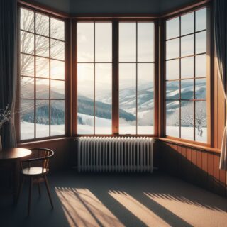 Ein Raum mit einem großem Fenster. unter dem Fenster ist eine Heizung. Draußen schneit es in einer winterlichen Landschaft.