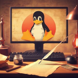 Ein Monitor mit dem Linux - Pinguin darauf. Vor dem Monitor eine Tastatur. Im Vorderung ein altes Blatt Papier, ein Tintenfass und eine Schreibfeder. Der Ton des Bildes ist einem alten Foto angelehnt.