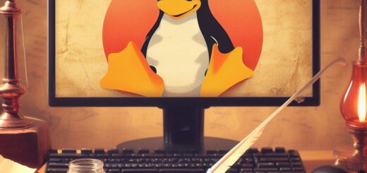Ein Monitor mit dem Linux - Pinguin darauf. Vor dem Monitor eine Tastatur. Im Vorderung ein altes Blatt Papier, ein Tintenfass und eine Schreibfeder. Der Ton des Bildes ist einem alten Foto angelehnt.