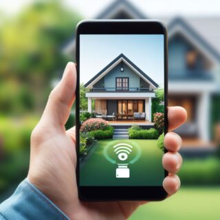 Ein Handy, auf dem Display ist ein haus mit Garten zu sehen, im Hintergrund sieht man das gleiche Haus mit Garten. Das Bild symbolisiert die Möglichkeit das Haus smart zu steuern (Smarthome).
