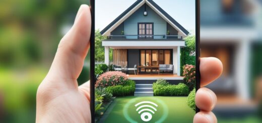 Ein Handy, auf dem Display ist ein haus mit Garten zu sehen, im Hintergrund sieht man das gleiche Haus mit Garten. Das Bild symbolisiert die Möglichkeit das Haus smart zu steuern (Smarthome).