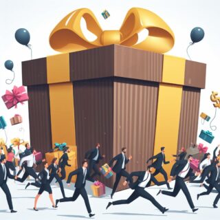 Menschen die auf ein großes Geschenk zulaufe. Symbolisiert Black Friday.