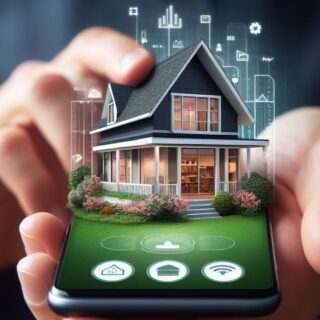 Ein Handy, auf dem Display ist ein haus mit Garten zu sehen, im Hintergrund sieht man das gleiche Haus mit Garten. Das Bild symbolisiert die Möglichkeit das Haus smart zu steuern (Smarthome).