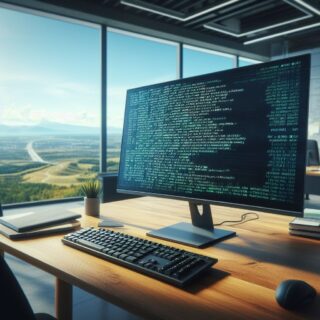 Ein Monitor, auf dem Bild ist ein Phyton Code zu erkennen. Im Hintergrund ein Büro mit Fenstern und Blick auf die Landschaft. Vor dem Monitor eine Tastatur.