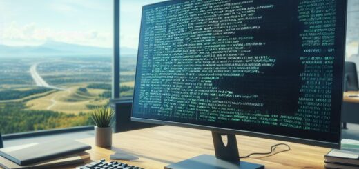 Ein Monitor, auf dem Bild ist ein Phyton Code zu erkennen. Im Hintergrund ein Büro mit Fenstern und Blick auf die Landschaft. Vor dem Monitor eine Tastatur.