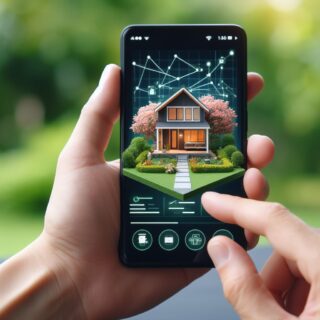 Ein Handy, auf dem Display ist ein haus mit Garten zu sehen, im Hintergrund sieht man das gleiche Haus mit Garten. Das Bild symbolisiert die Möglichkeit das Haus smart zu steuern (Smarthome).
