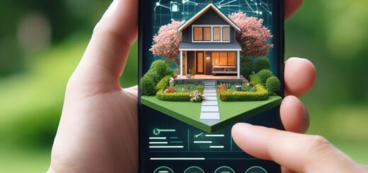 Ein Handy, auf dem Display ist ein haus mit Garten zu sehen, im Hintergrund sieht man das gleiche Haus mit Garten. Das Bild symbolisiert die Möglichkeit das Haus smart zu steuern (Smarthome).