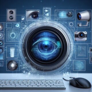 Das Bild zeigt eine moderne Kamera-Linse, umgeben von zahlreichen Technologie-Icons. Von Überwachungskameras bis hin zu Sensoren, alles scheint durch diese zentrale Linse miteinander verbunden zu sein. Ein Computer und eine Maus im Vordergrund deuten auf eine digitale Schnittstelle hin. Es symbolisiert die Integration von Technologie in unser tägliches Leben und die Art und Weise, wie sie alles sieht und aufzeichnet. Es symbolisiert das Maschinelle Sehen - Objekterkennung