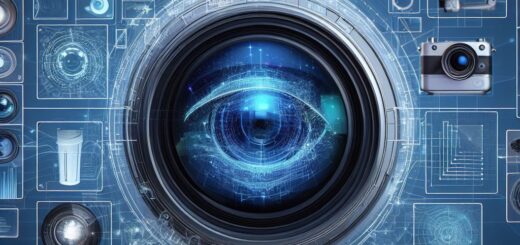 Das Bild zeigt eine moderne Kamera-Linse, umgeben von zahlreichen Technologie-Icons. Von Überwachungskameras bis hin zu Sensoren, alles scheint durch diese zentrale Linse miteinander verbunden zu sein. Ein Computer und eine Maus im Vordergrund deuten auf eine digitale Schnittstelle hin. Es symbolisiert die Integration von Technologie in unser tägliches Leben und die Art und Weise, wie sie alles sieht und aufzeichnet. Es symbolisiert das Maschinelle Sehen - Objekterkennung