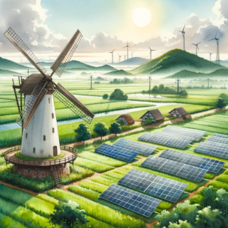 Aquarellmalerei einer ruhigen Landschaft mit traditionellen Windmühlen, die zwischen weiten grünen Feldern stehen, die mit modernen Solaranlagen durchsetzt sind.
