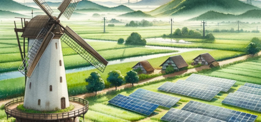 Aquarellmalerei einer ruhigen Landschaft mit traditionellen Windmühlen, die zwischen weiten grünen Feldern stehen, die mit modernen Solaranlagen durchsetzt sind.