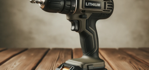 Ein Foto eines akkubetriebenen Bohrers mit einem sichtbaren Akku, auf dem "Lithium 18V" steht, platziert auf einem hölzernen Tisch mit einem neutralen Hintergrund.