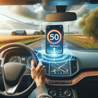 Photo depicting the view from inside a car. The background showcases a countryside road. In the foreground, there's only the car's steering wheel and dashboard. A large smartphone floats in the air, centrally positioned, running navigation software. The phone's screen displays a speed limit of 50 km/h. Ensure that no arms, hands or any human parts are visible in the scene.