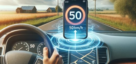 Photo depicting the view from inside a car. The background showcases a countryside road. In the foreground, there's only the car's steering wheel and dashboard. A large smartphone floats in the air, centrally positioned, running navigation software. The phone's screen displays a speed limit of 50 km/h. Ensure that no arms, hands or any human parts are visible in the scene.