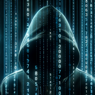 Das Bild vermittelt das Gefühl von Cyber-spionage und zeigt eine Person in einer Kapuze, deren Gesicht im Dunkeln liegt, mit Zahlencodes im Hintergrund.