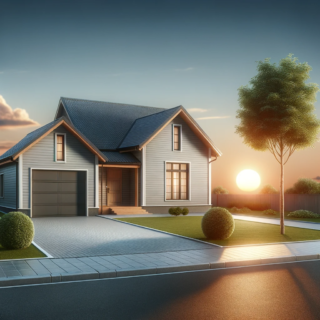 otorealistische Darstellungen eines Hauses mit Garage und Auffahrt. Im Vorgarten stehen zwei kleine Bäume, und der Himmel zeigt einen klaren Sonnenuntergang.