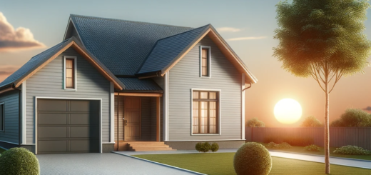 otorealistische Darstellungen eines Hauses mit Garage und Auffahrt. Im Vorgarten stehen zwei kleine Bäume, und der Himmel zeigt einen klaren Sonnenuntergang.