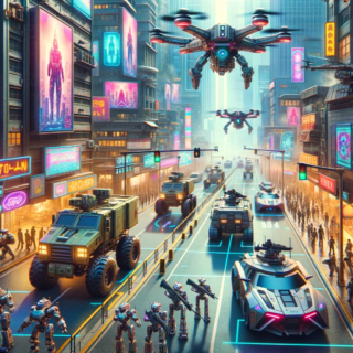 Photo of a vibrant video game scene set in an urban environment. Advanced robots of varying designs walk alongside the streets. Above them, several futuristic drones hover, capturing aerial views of the cityscape. Amidst the chaos, armored tanks traverse the main roads, their turrets aiming cautiously. Tall buildings with neon advertisements stand as a backdrop, adding depth to the bustling city.