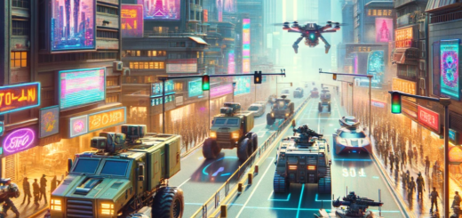 Photo of a vibrant video game scene set in an urban environment. Advanced robots of varying designs walk alongside the streets. Above them, several futuristic drones hover, capturing aerial views of the cityscape. Amidst the chaos, armored tanks traverse the main roads, their turrets aiming cautiously. Tall buildings with neon advertisements stand as a backdrop, adding depth to the bustling city.