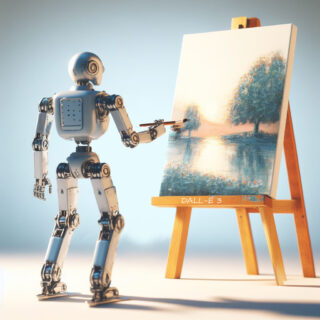 Ein Roboter steht vor einer Staffelei und malt ein naturgetreues Bild eines Baumes am Ufer eines Sees, der im Sonnenlicht glänzt. Der Roboter hat ein detailliertes mechanisches Design und hält mit seiner Hand einen Pinsel, der in Farbe getaucht ist, während er konzentriert an dem Kunstwerk arbeitet. Der Hintergrund ist in einem sanften Blauton gehalten, der den Fokus auf den Roboter und sein Gemälde lenkt.