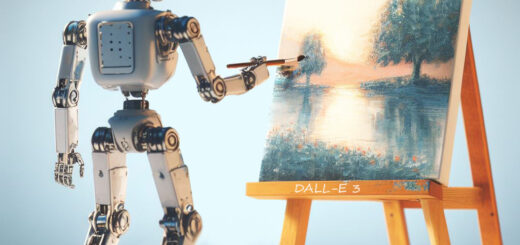 Ein Roboter steht vor einer Staffelei und malt ein naturgetreues Bild eines Baumes am Ufer eines Sees, der im Sonnenlicht glänzt. Der Roboter hat ein detailliertes mechanisches Design und hält mit seiner Hand einen Pinsel, der in Farbe getaucht ist, während er konzentriert an dem Kunstwerk arbeitet. Der Hintergrund ist in einem sanften Blauton gehalten, der den Fokus auf den Roboter und sein Gemälde lenkt.