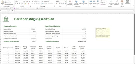 Microsoft Excel im Einsatz. Darstellung eines Darlehenstilgungsplan