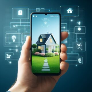 Ein Handy, auf dem Display ist ein haus mit Garten zu sehen, im Hintergrund sieht man das gleiche Haus mit Garten. Das Bild symbolisiert die Möglichkeit das Haus smart zu steuern (Smarthome).