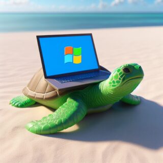 Ein Laptop mit Windows Logo auf dem Rücken einer Schildkröte