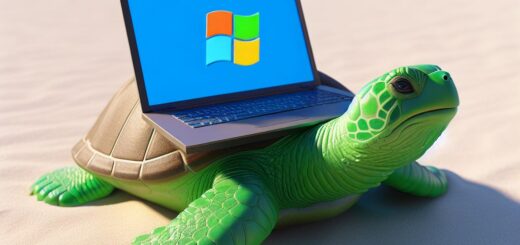 Ein Laptop mit Windows Logo auf dem Rücken einer Schildkröte