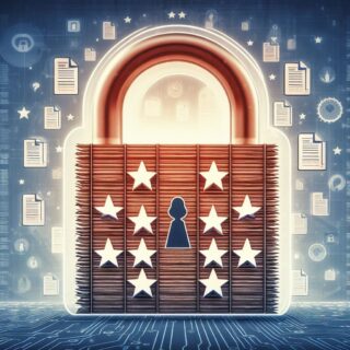 Ein großes Vorhängeschloss mit 8 Sternen in einer Reihen. Dahinter sind unzählige Dokumente abgebildet. Das Bild soll einen Passwortmanager symbolisieren.