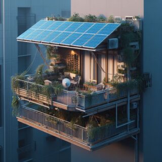 Ein stilisiertes Bild eines Balkonkraftwerks, das auf einem Balkon installiert ist. Balkonkraftwerk Stromrechnung senken