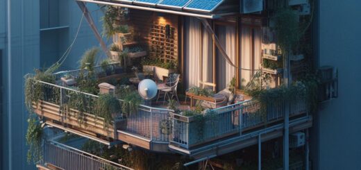 Ein stilisiertes Bild eines Balkonkraftwerks, das auf einem Balkon installiert ist. Balkonkraftwerk Stromrechnung senken