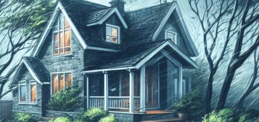 Haus mit Garten. Es stürmt und die Bäume wiegen sich im Wind.