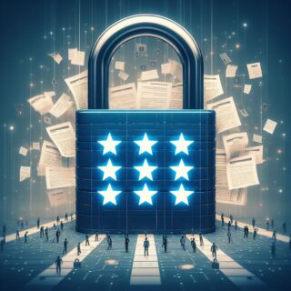 Ein großes Vorhängeschloss mit 8 Sternen in einer Reihen. Dahinter sind unzählige Dokumente abgebildet. Das Bild soll einen Passwortmanager symbolisieren.