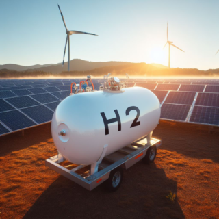 Ein Tank gefüllt mit Wasserstoff. auf dem Tank steht H2 Im Hintergrund ist ein Windkraftrad und Photovoltaik-Anlagen zu sehen.