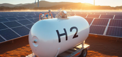 Ein Tank gefüllt mit Wasserstoff. auf dem Tank steht H2 Im Hintergrund ist ein Windkraftrad und Photovoltaik-Anlagen zu sehen.