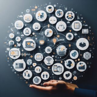 Darstellung wie neue Technologien die Gesellschaft verändern. Über eine Hand schwebt eine Kugel, die aus einzelen Kreisen besteht in denen Sysmbole für verschiedene Techniken und Gesellschaftliche Themen stehen.