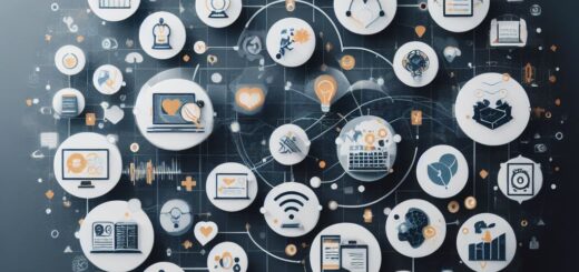 Darstellung wie neue Technologien die Gesellschaft verändern. Über eine Hand schwebt eine Kugel, die aus einzelen Kreisen besteht in denen Sysmbole für verschiedene Techniken und Gesellschaftliche Themen stehen.