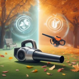 Stellen Sie sich eine ruhige herbstliche Gartenszene mit verstreuten Blättern auf einem gut gepflegten Rasen vor. Auf der einen Seite platzieren Sie einen eleganten, modernen elektrischen Laubbläser mit einem hervorgehobenen Symbol, das den leisen Betrieb anzeigt. Auf der anderen Seite zeigen Sie einen leistungsstarken benzinbetriebenen Laubbläser, vielleicht mit einem dynamischen Bewegungsunschärfe-Effekt, um die Leistung zu betonen. Beide sind so positioniert, als wären sie im Einsatz, aber ohne Bediener, was den Betrachter dazu einlädt, sich vorzustellen, wie er sie benutzt.