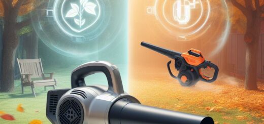 Stellen Sie sich eine ruhige herbstliche Gartenszene mit verstreuten Blättern auf einem gut gepflegten Rasen vor. Auf der einen Seite platzieren Sie einen eleganten, modernen elektrischen Laubbläser mit einem hervorgehobenen Symbol, das den leisen Betrieb anzeigt. Auf der anderen Seite zeigen Sie einen leistungsstarken benzinbetriebenen Laubbläser, vielleicht mit einem dynamischen Bewegungsunschärfe-Effekt, um die Leistung zu betonen. Beide sind so positioniert, als wären sie im Einsatz, aber ohne Bediener, was den Betrachter dazu einlädt, sich vorzustellen, wie er sie benutzt.