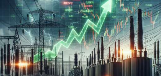 hoto of a rising stock chart overlaying a background filled with high voltage power lines, large transformers, and a striking energy lightning bolt. The chart is prominently displayed, indicating the price of electricity with green and red bars, and there are labels indicating various price points and dates. The background subtly showcases the infrastructure of electricity distribution, emphasizing the importance of power generation.